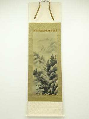 白松筆　水墨山水　肉筆絹本掛軸（保護箱）